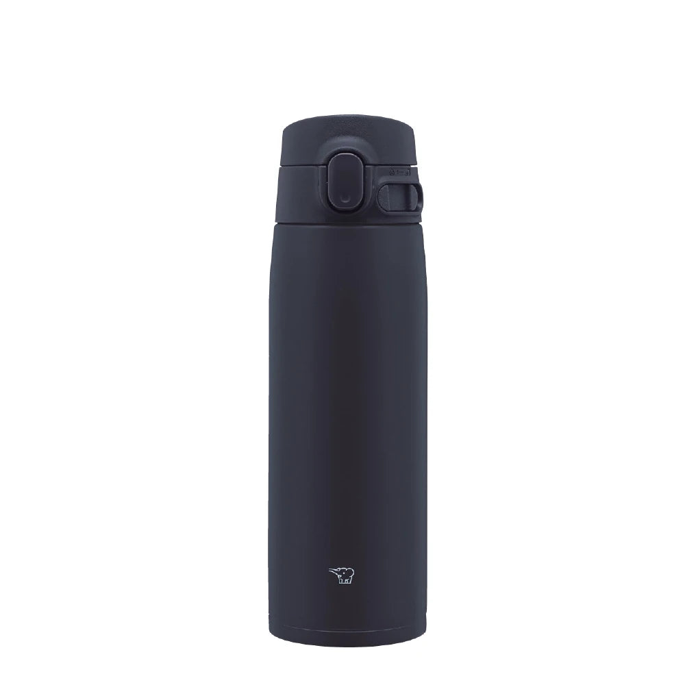 Termo Zojirushi SM-VA azul marino de 600ml con tapa de cierre hermético y botón de apertura. Logo de elefante visible en la base