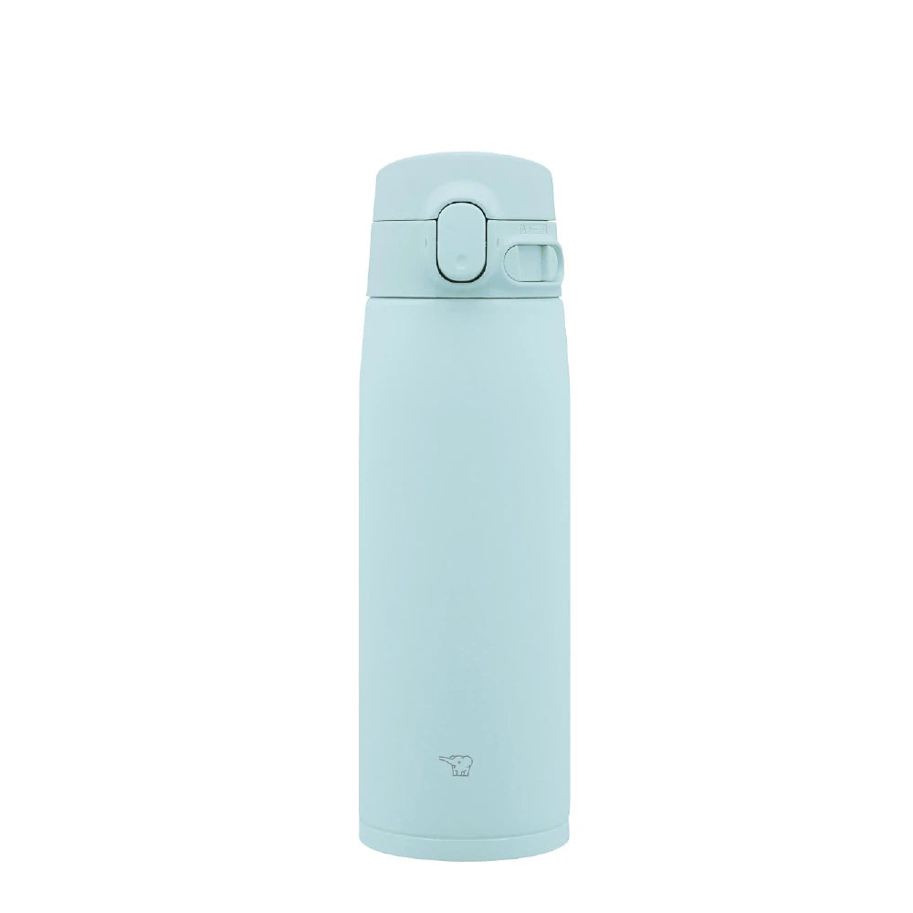 Termo Zojirushi SM-VA azul menta de 600ml con tapa de cierre hermético y botón de apertura. Logo de elefante visible en la base.