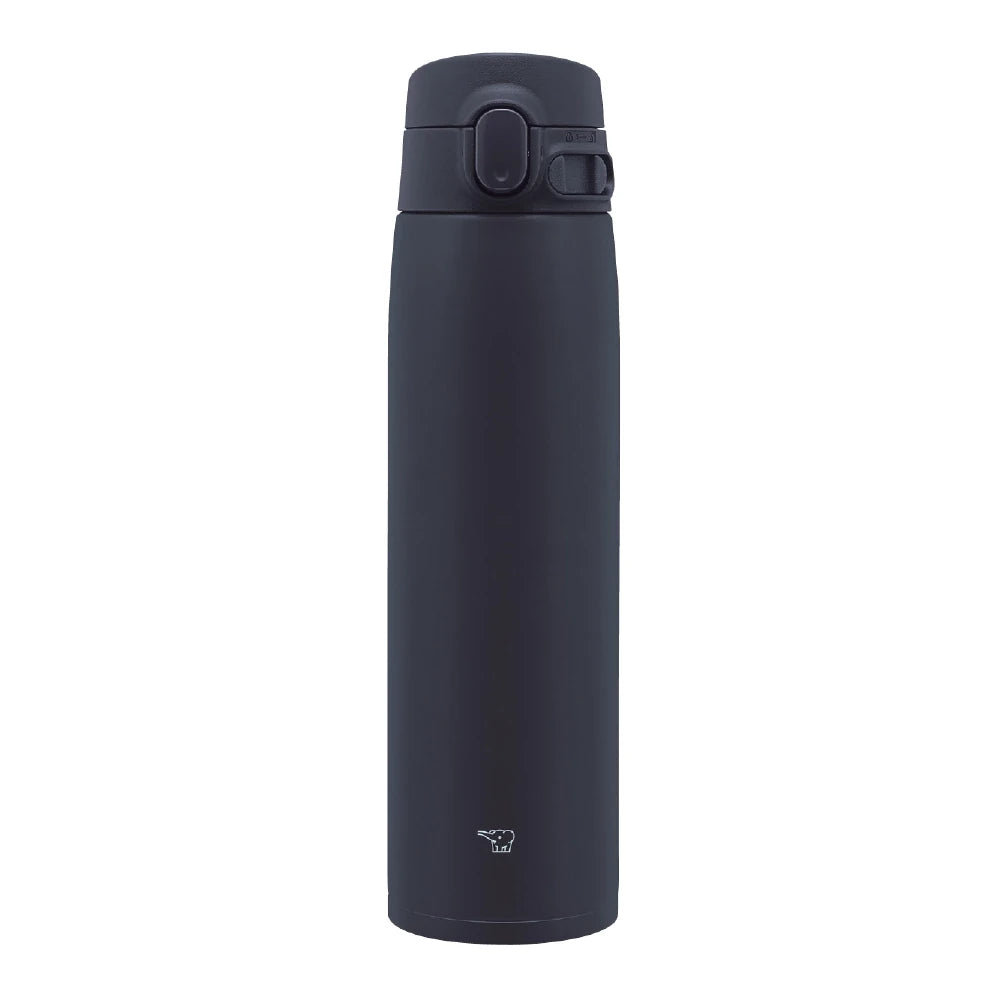 Termo Zojirushi SM-VA azul marino de 720ml con tapa de cierre hermético y botón de apertura. Logo de elefante visible en la base