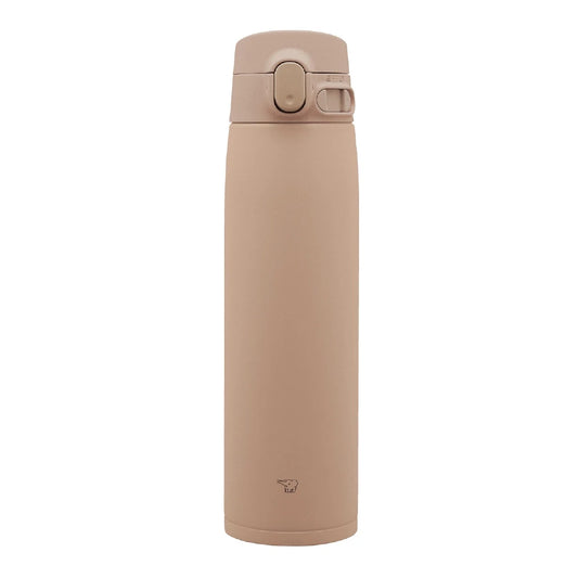 Termo Zojirushi SM-VA color taupe de 720ml con tapa de cierre hermético y botón de apertura. Logo de elefante visible en la base.