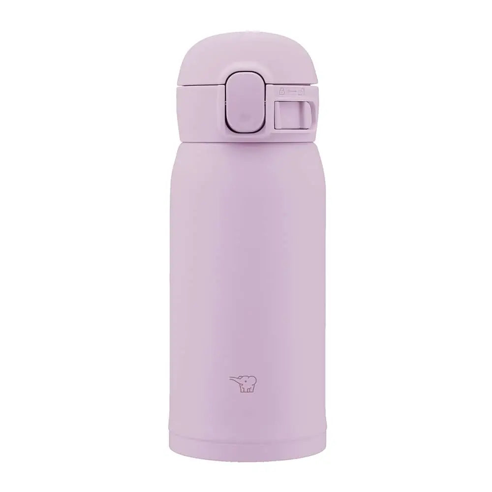 Botella térmica Zojirushi SM-WS color lila suave. Tapa con cierre de seguridad y botón de apertura. Logo de elefante grabado en la parte inferior. Capacidad de 360 ml