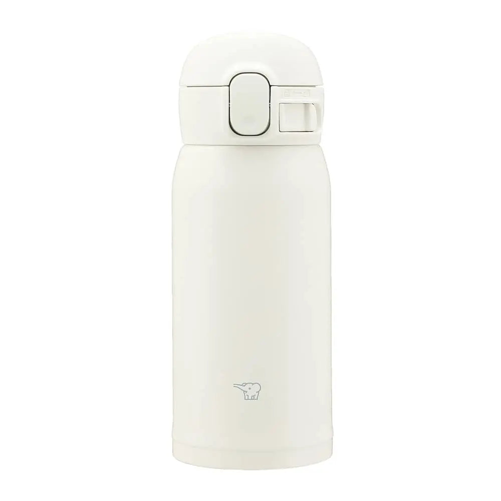  Botella térmica Zojirushi SM-WS color blanco crema, capacidad 360 ml. Tapa con cierre de seguridad y botón de apertura. Logo de elefante grabado en la parte inferior.