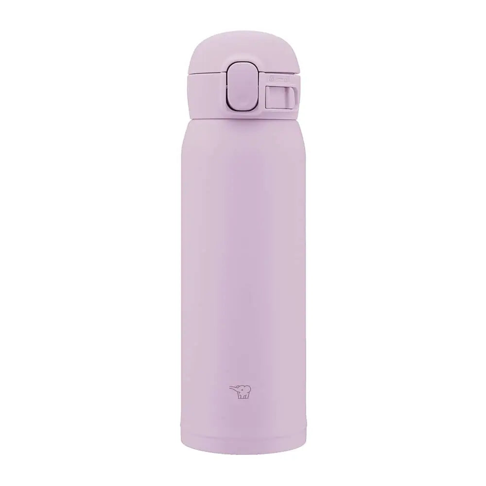 Botella térmica Zojirushi SM-WS color lila suave, capacidad 480 ml. Tapa con cierre de seguridad y botón de apertura. Logo de elefante grabado en la parte inferior.