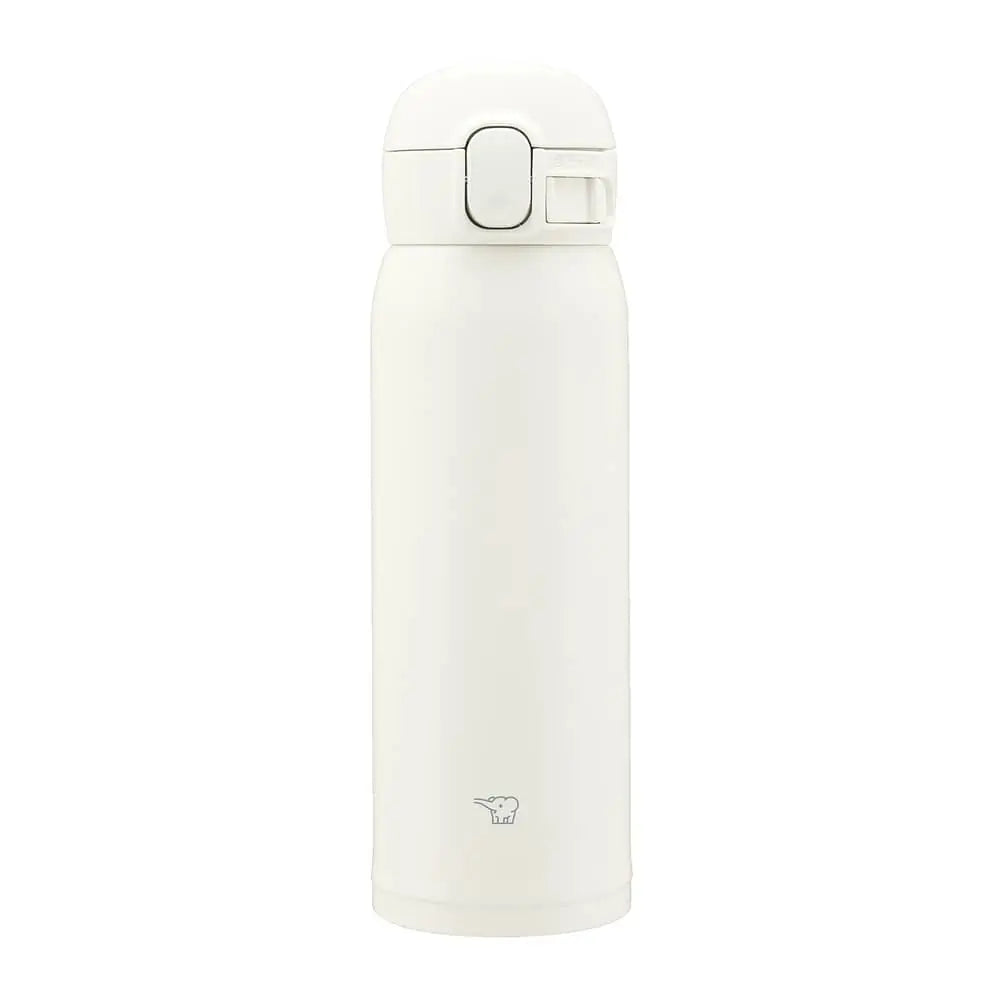 Botella térmica Zojirushi SM-WS color blanco crema, capacidad 480 ml. Tapa con cierre de seguridad y botón de apertura. Logo de elefante grabado en la parte inferior