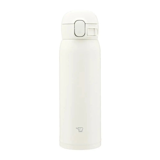 Botella térmica Zojirushi SM-WS color blanco crema, capacidad 480 ml. Tapa con cierre de seguridad y botón de apertura. Logo de elefante grabado en la parte inferior