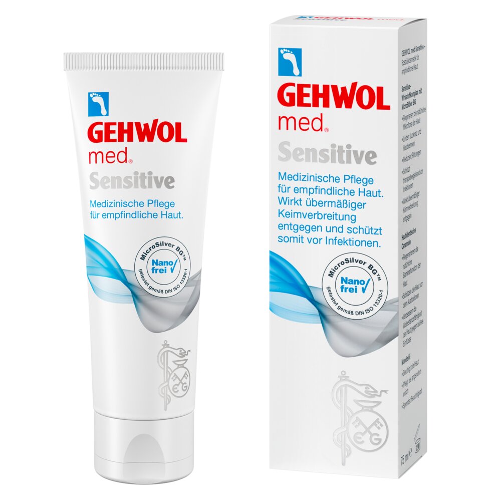 Crema Gehwol med Sensitive recipiente blanco con envase de cartón.